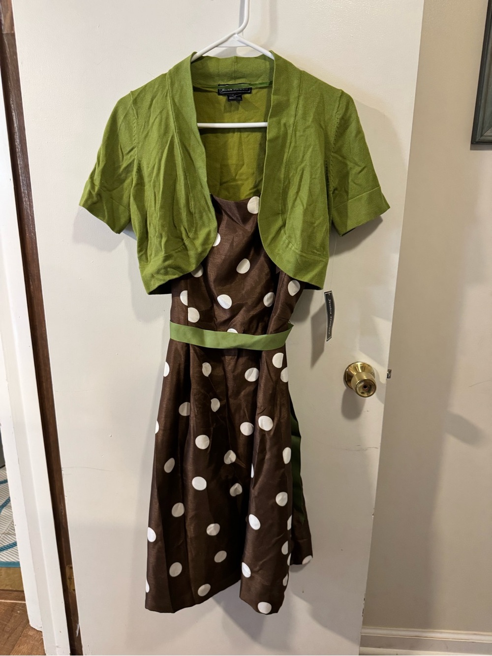 NWT Jessica Howard Brown Polka Dot Dress Green Shrug 2 Piece Set Size 10